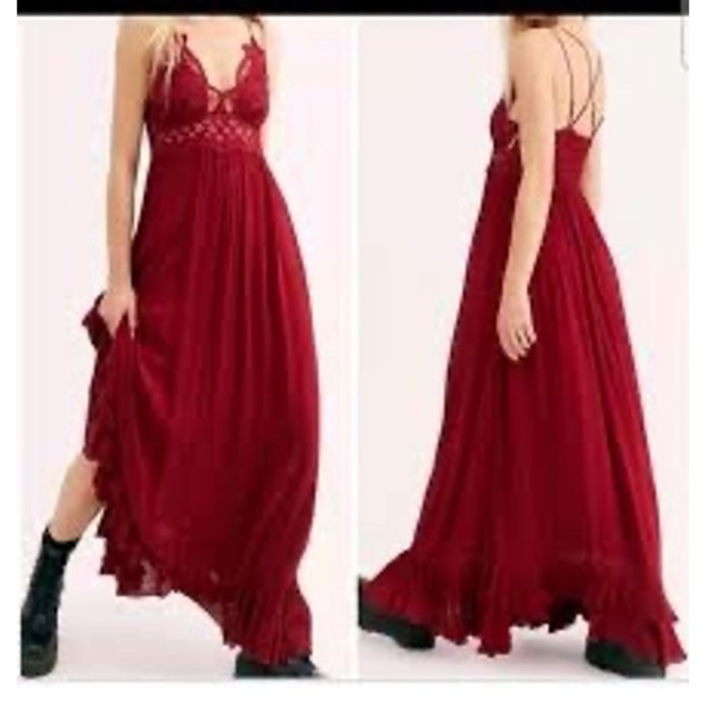 Free People FP One Adella‎ Maxi Dress Burgundy Lace Boho Ruffle